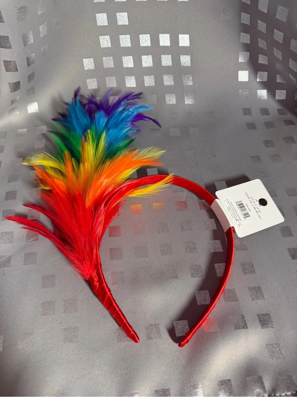 Adult Rainbow Feather Headband on Red Satin Ribbon Base